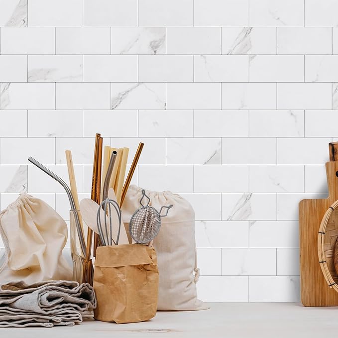 DIY stick on marble subway tile backsplash for kitchen or bathroom.