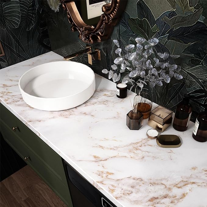 DIY stick on marble look countertop for bathroom or kitchen surface