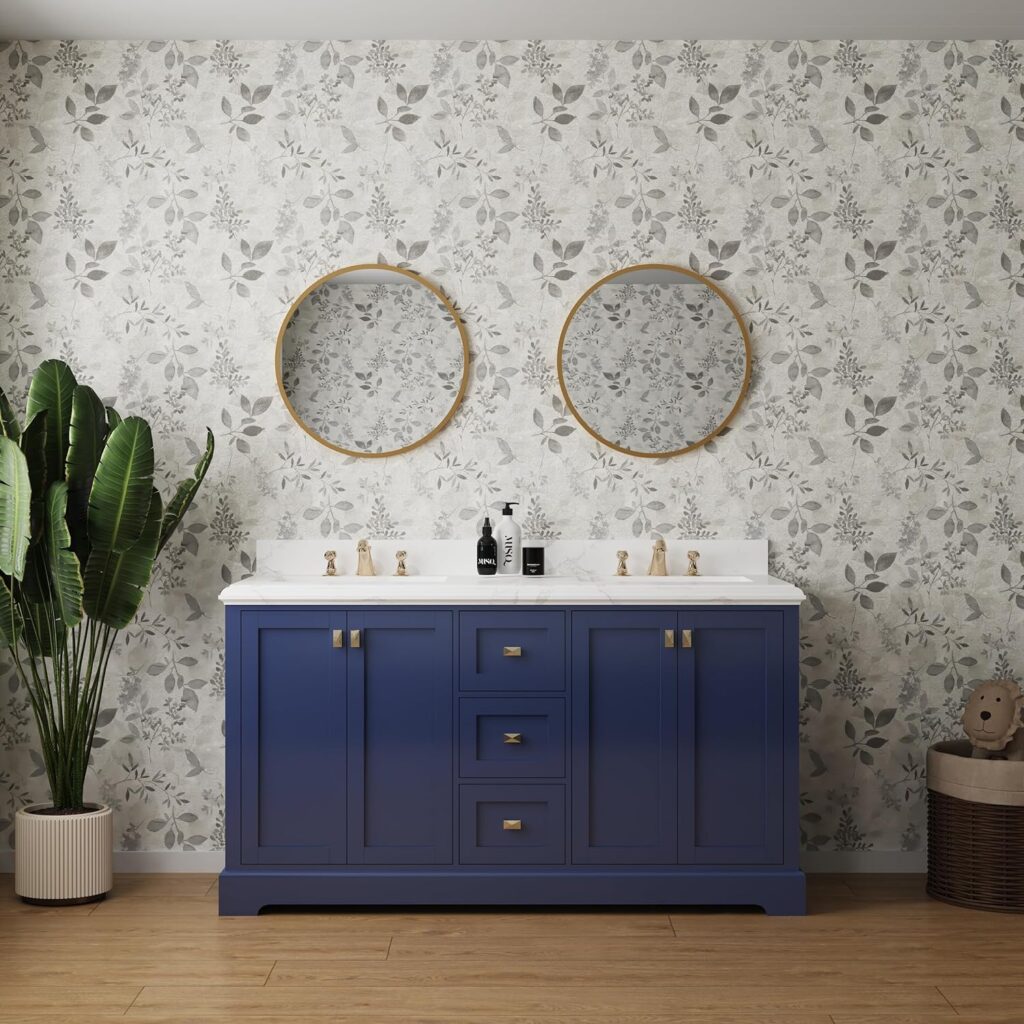 Blue bathroom vanity with marble countertop. 