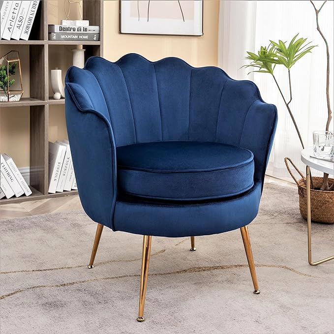 Blue and gold velvet scalloped chair for interior design 